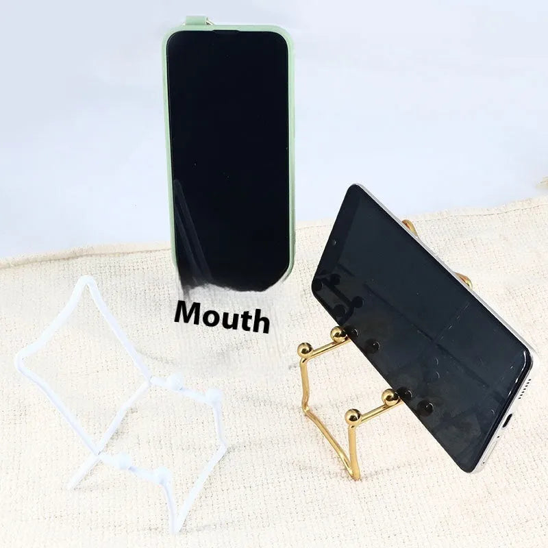 Wrought iron desktop mobile phone bracket in black, white, or gold with simple, checkered, grid, or squares support