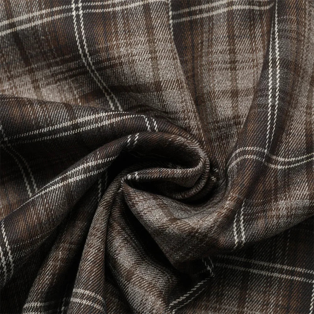 Men's short sleeve plaid shirt with embroidery and lapel collar in black or brown cotton blend fabric