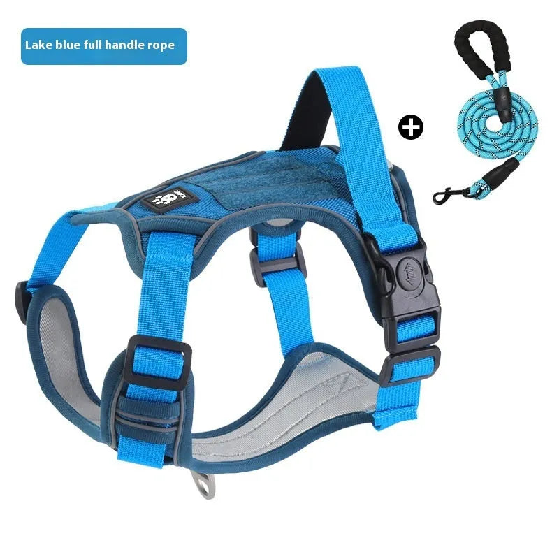 Vest-style Oxford cloth dog harness for medium and large dogs in khaki with reflective rope