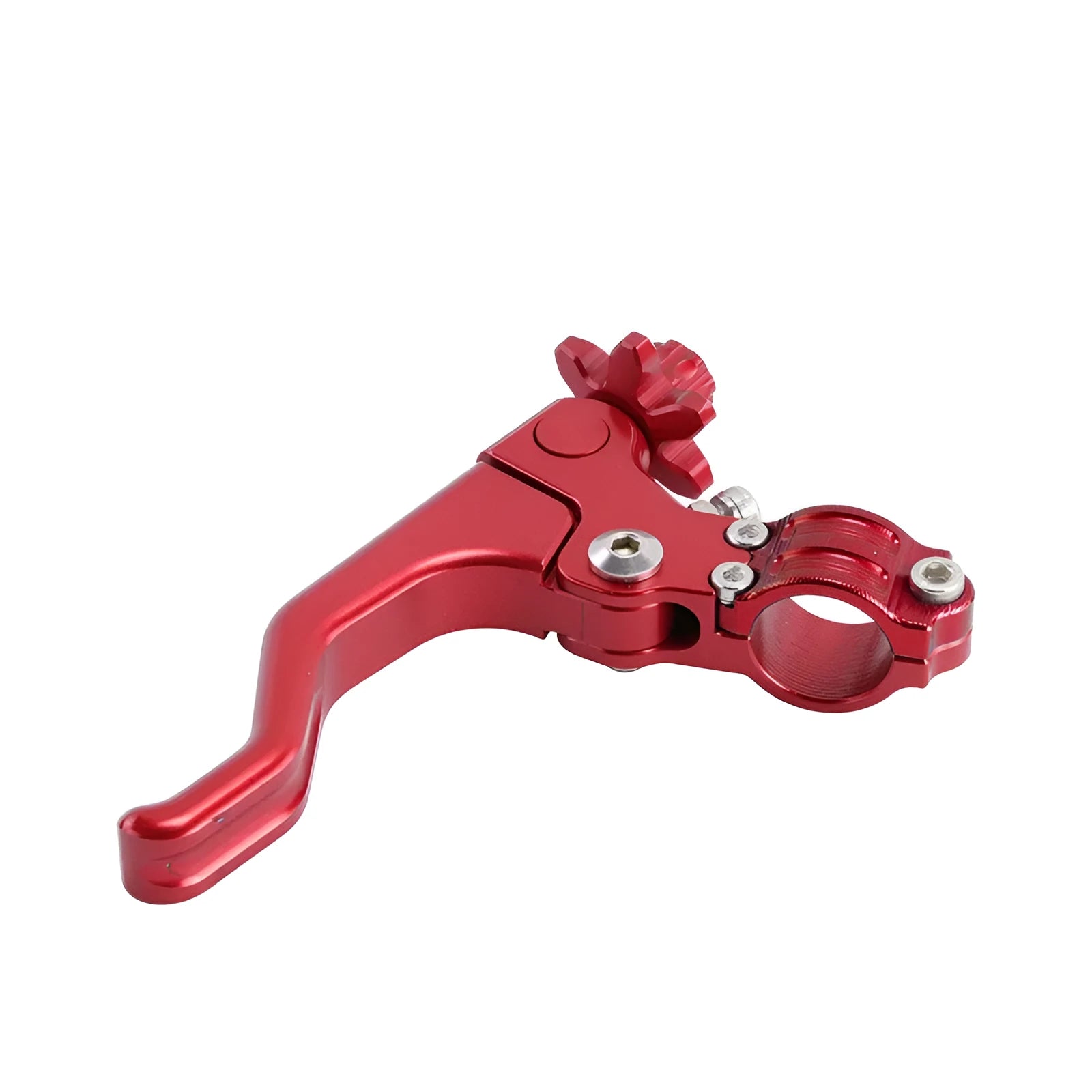 Aluminium two-finger motorcycle clutch lever shown in one of eight available colours: black, blue, gold, green, orange, red, silver, or titanium.