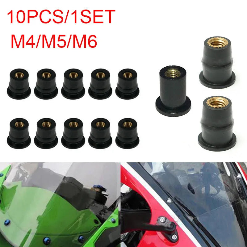 Motorcycle black rubber well nut fasteners with brass nuts in M4, M5, M6 sizes.