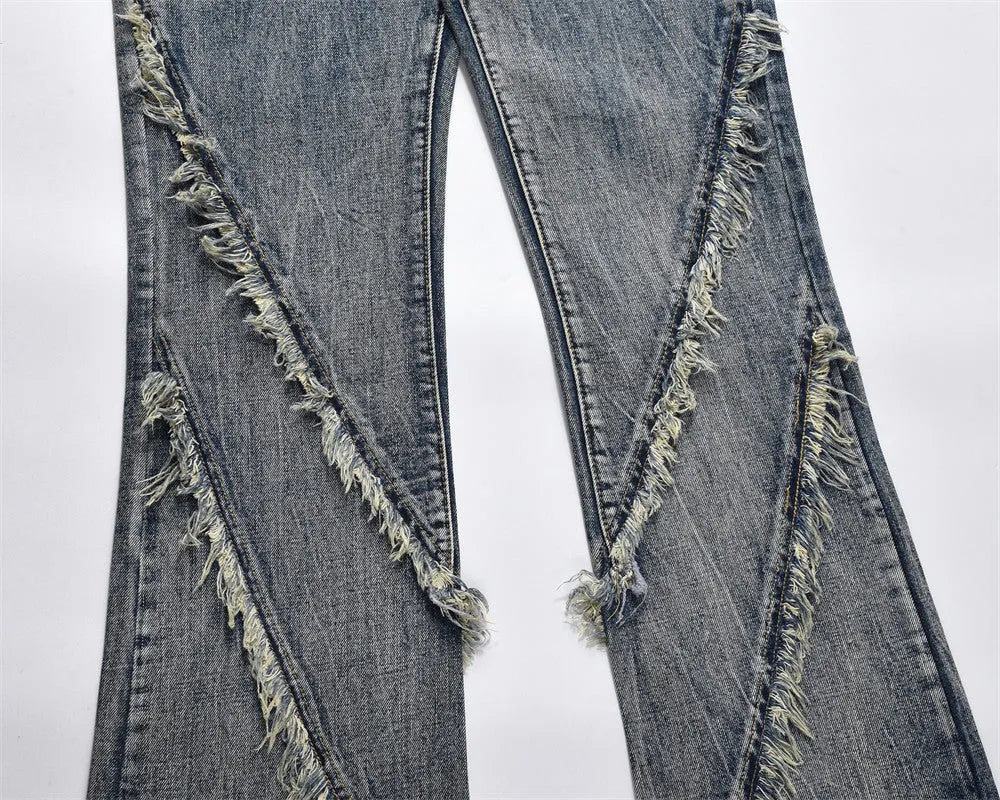 Blue cotton denim loose straight trousers for men, casual punk style, sizes S to XXL