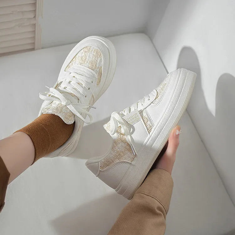Beige plaid platform leisure sports shoes with round toe and white rubber sole.