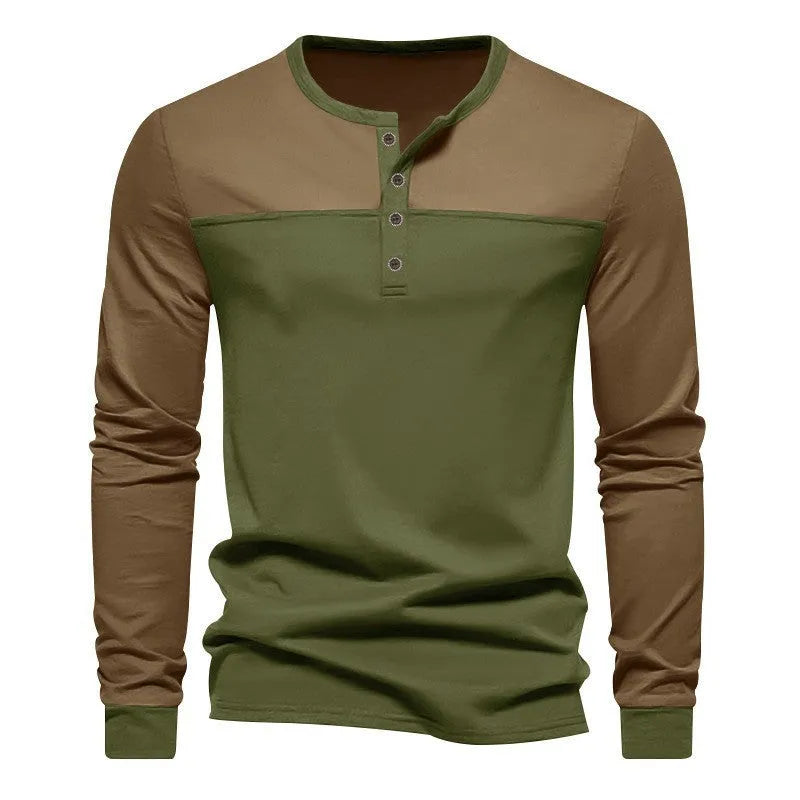 Men's retro style long sleeve henry collar shirt in polyester beaded twill fabric earth tone colours