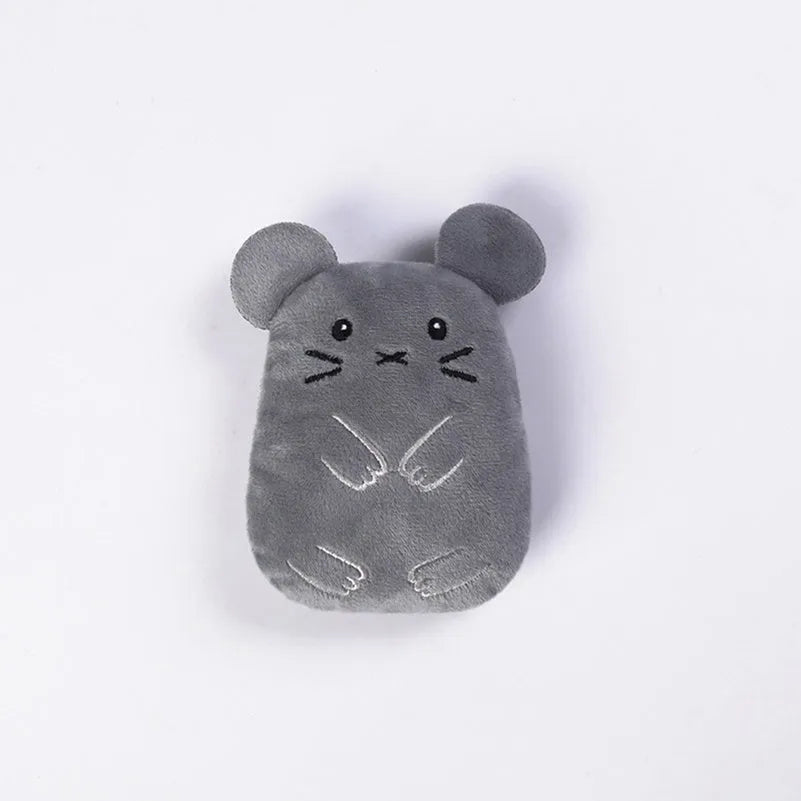 Plush catnip chewing toy for teeth grinding with vocal sounds, shown in assorted colours