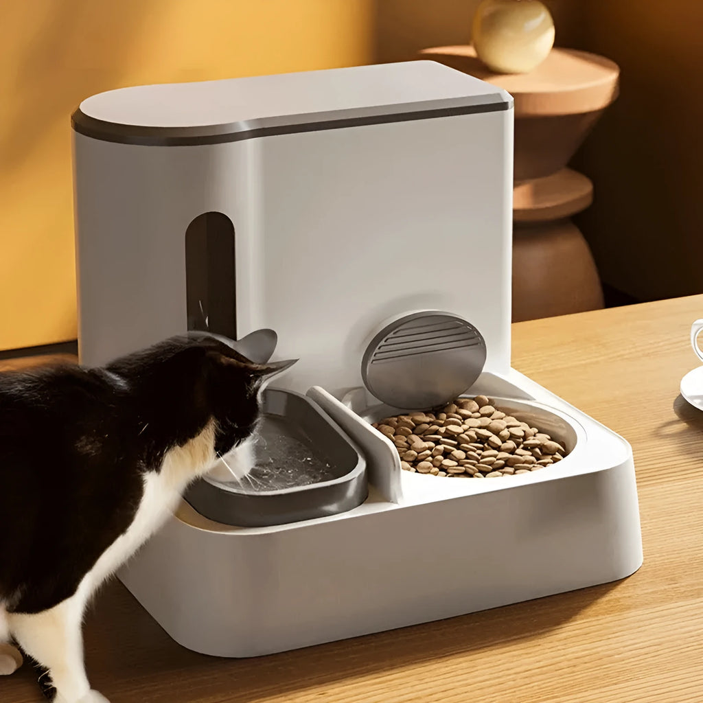 Cat automatic pet feeder water dispenser with integrated double bowl system in grey colour