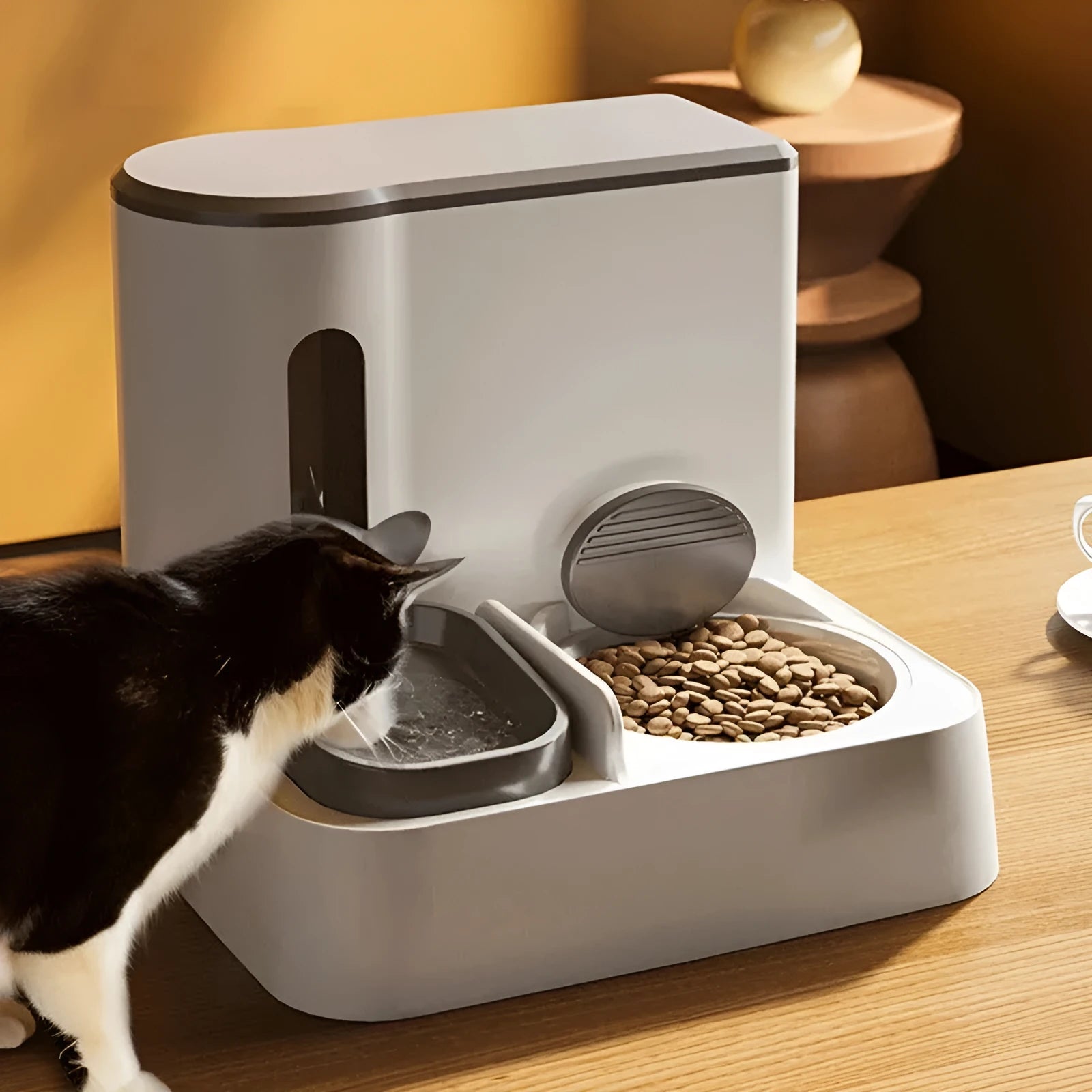 Cat automatic pet feeder water dispenser with integrated double bowl system in grey colour