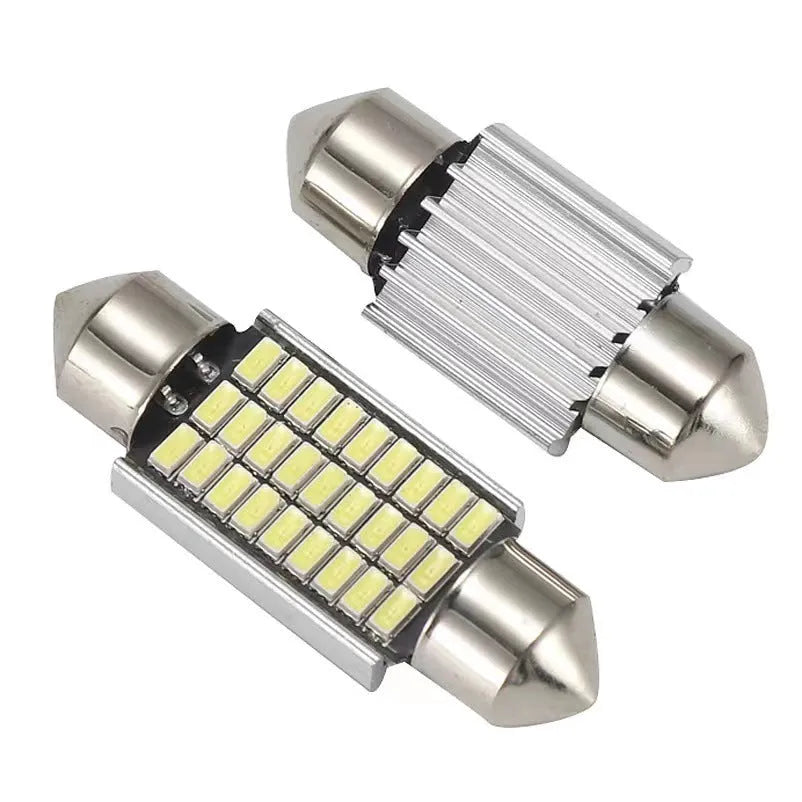 White aluminium double tip car interior roof light shown in four available size options.