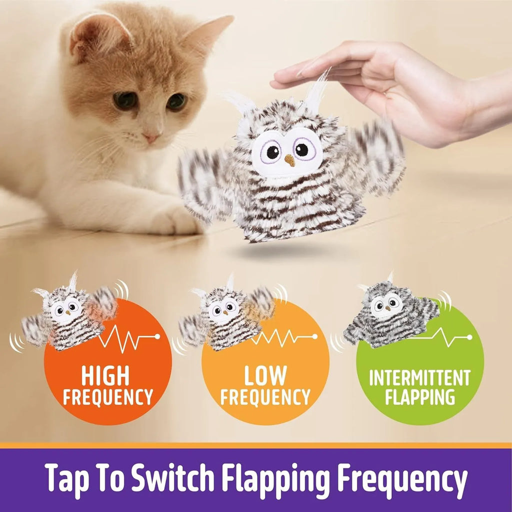 Grey automatic owl cat toy with flapping wings for indoor feline play