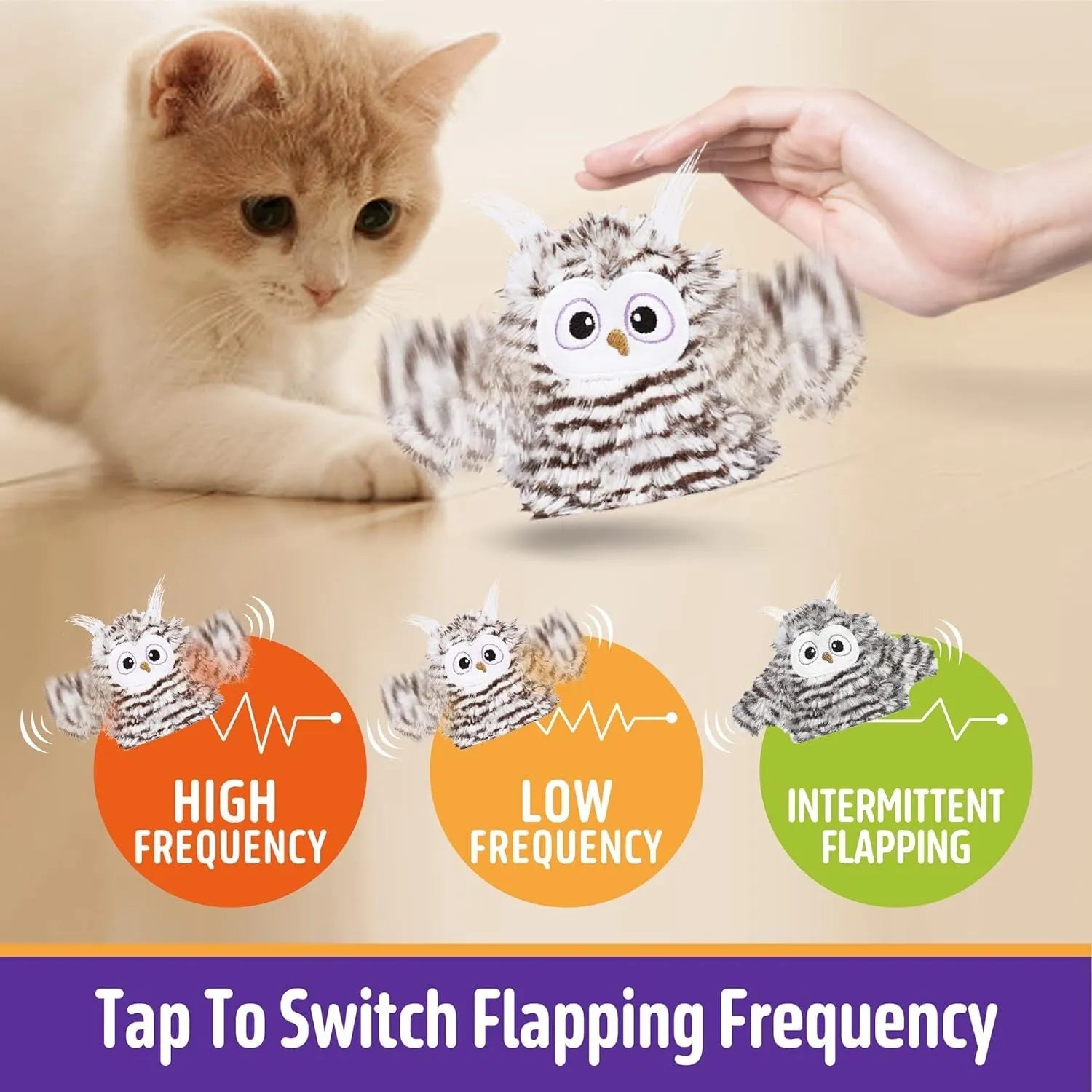 Grey automatic owl cat toy with flapping wings for indoor feline play