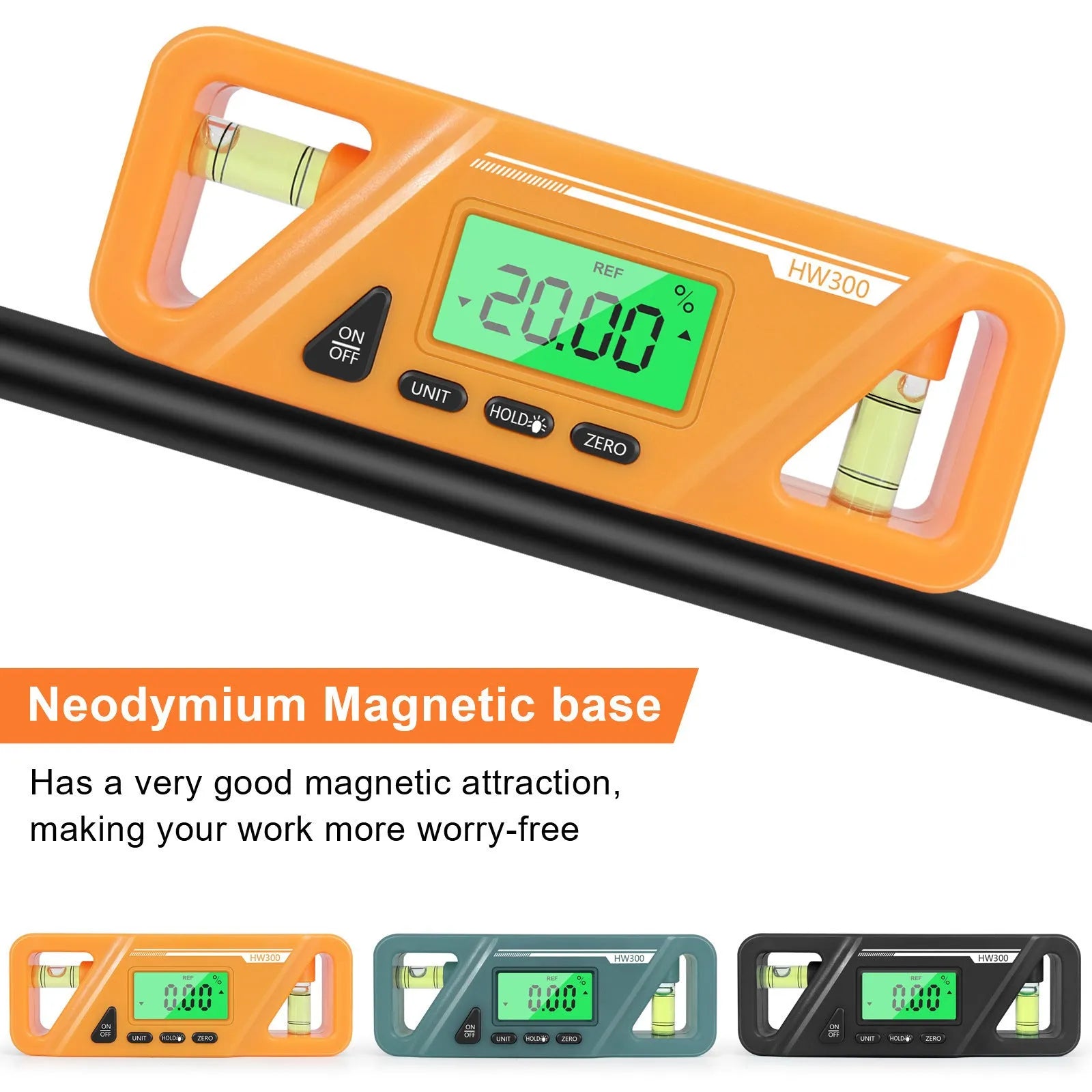 Black digital inclinometer level meter with magnetic base and LCD screen showing angle reading.