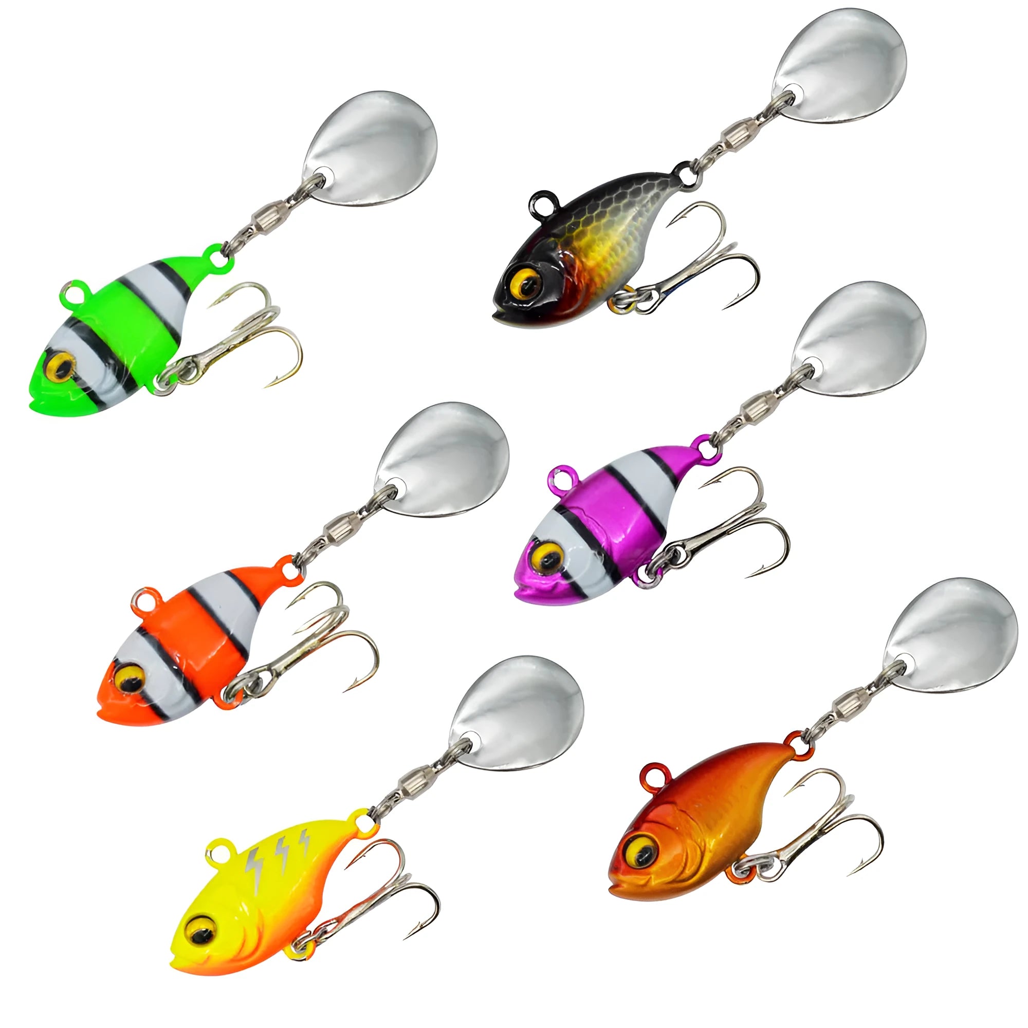 Metal iron plate fishing lure with rotating sequins in multiple colour variations