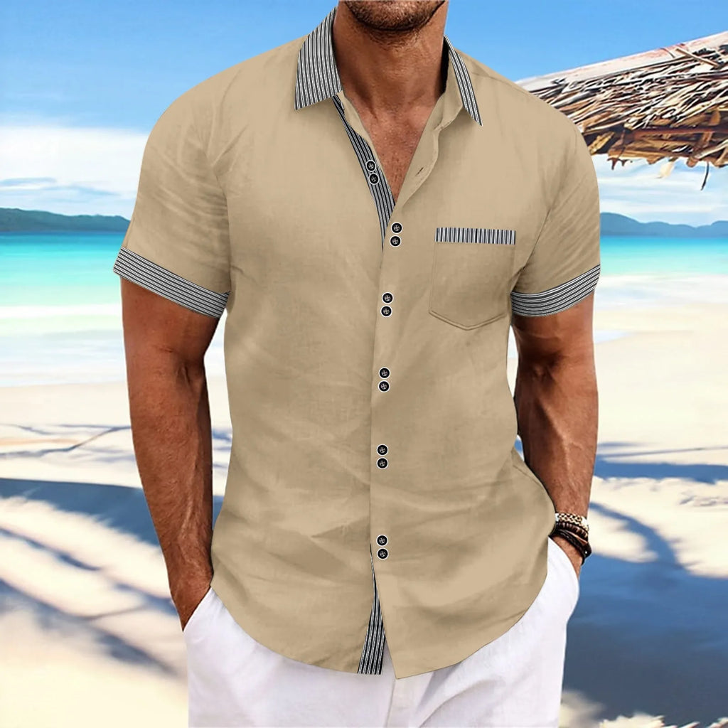 Men's slim fit striped casual shirt in pure cotton, short sleeve with double button detail.