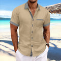 Men's slim fit striped casual shirt in pure cotton, short sleeve with double button detail.