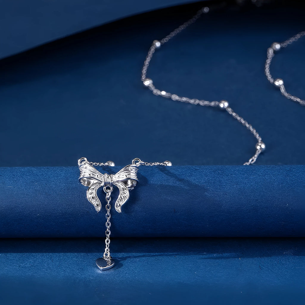 S925 silver heart butterfly clavicle chain necklace with bow pendant