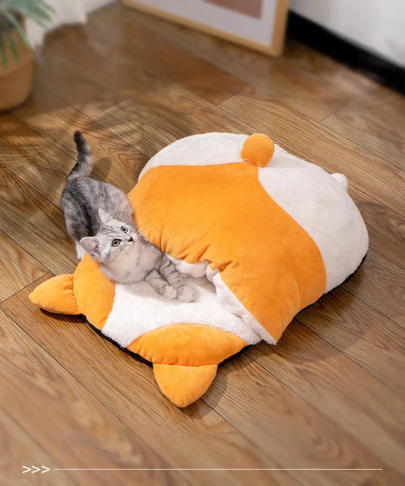Orange semi-closed cat sleeping bag, 65 x 53 x 12 cm, warm winter pet nest and sleeping mat