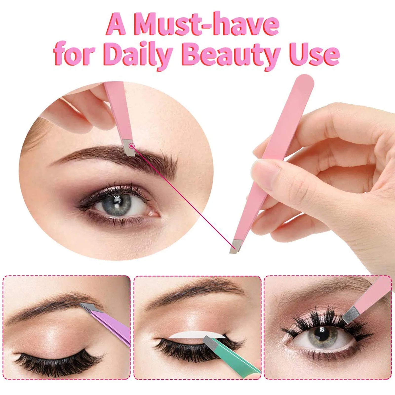 Six-piece stainless steel eyebrow tweezers set with curved scissors, brush, and leather case.