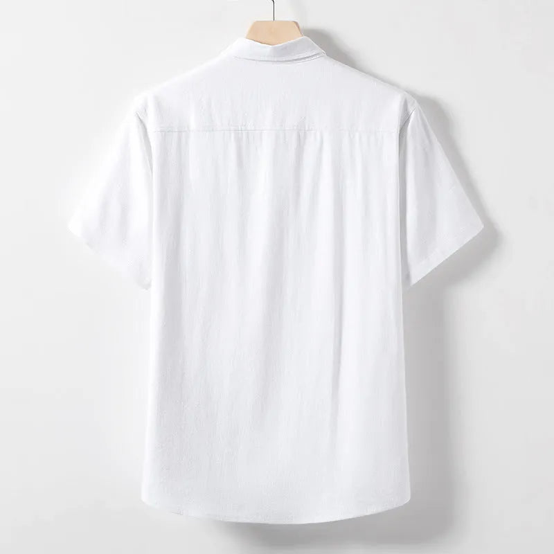 Men's loose-fit linen T-shirt with lapel collar in black, short sleeves, hemp blend fabric