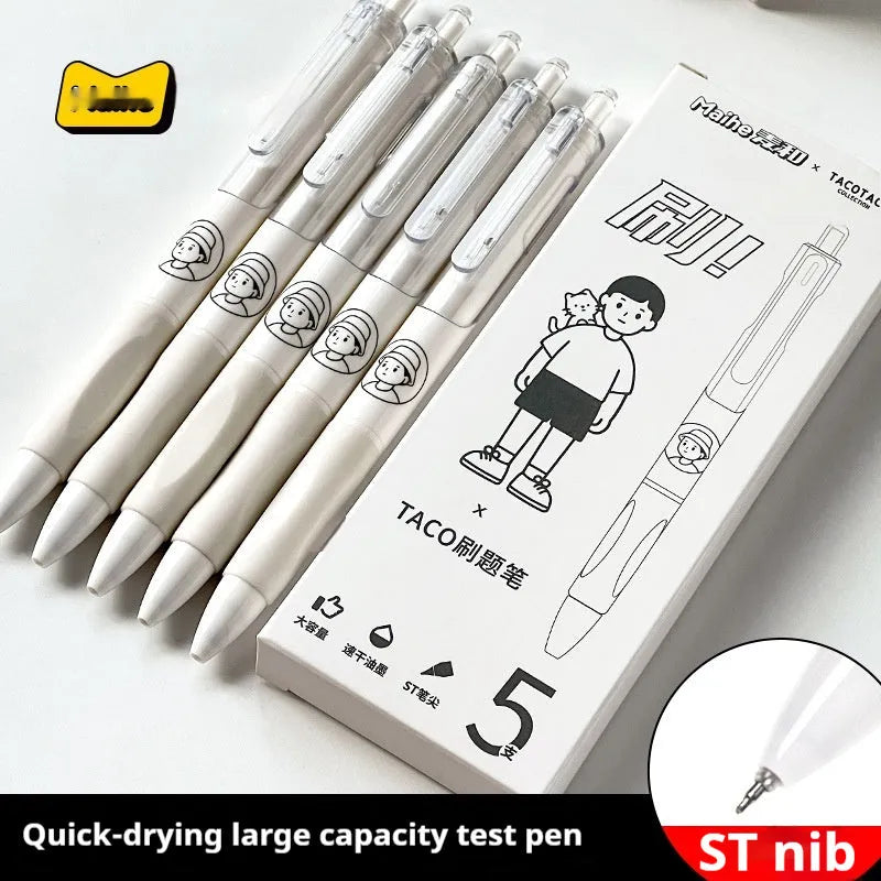 Five neutral-coloured ballpoint pens with 0.5mm needle tips for exam writing