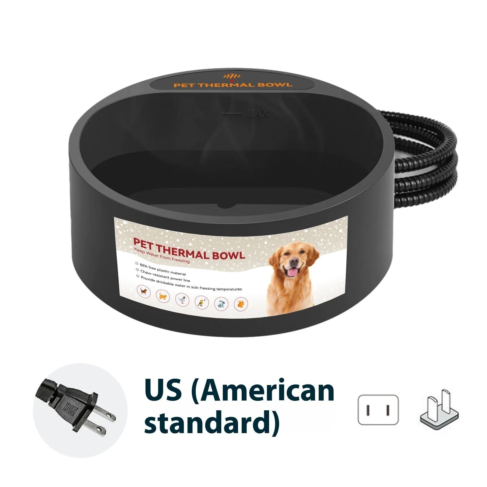 Black ABS plastic electric pet heating bowl with 2.2L capacity for cats and dogs
