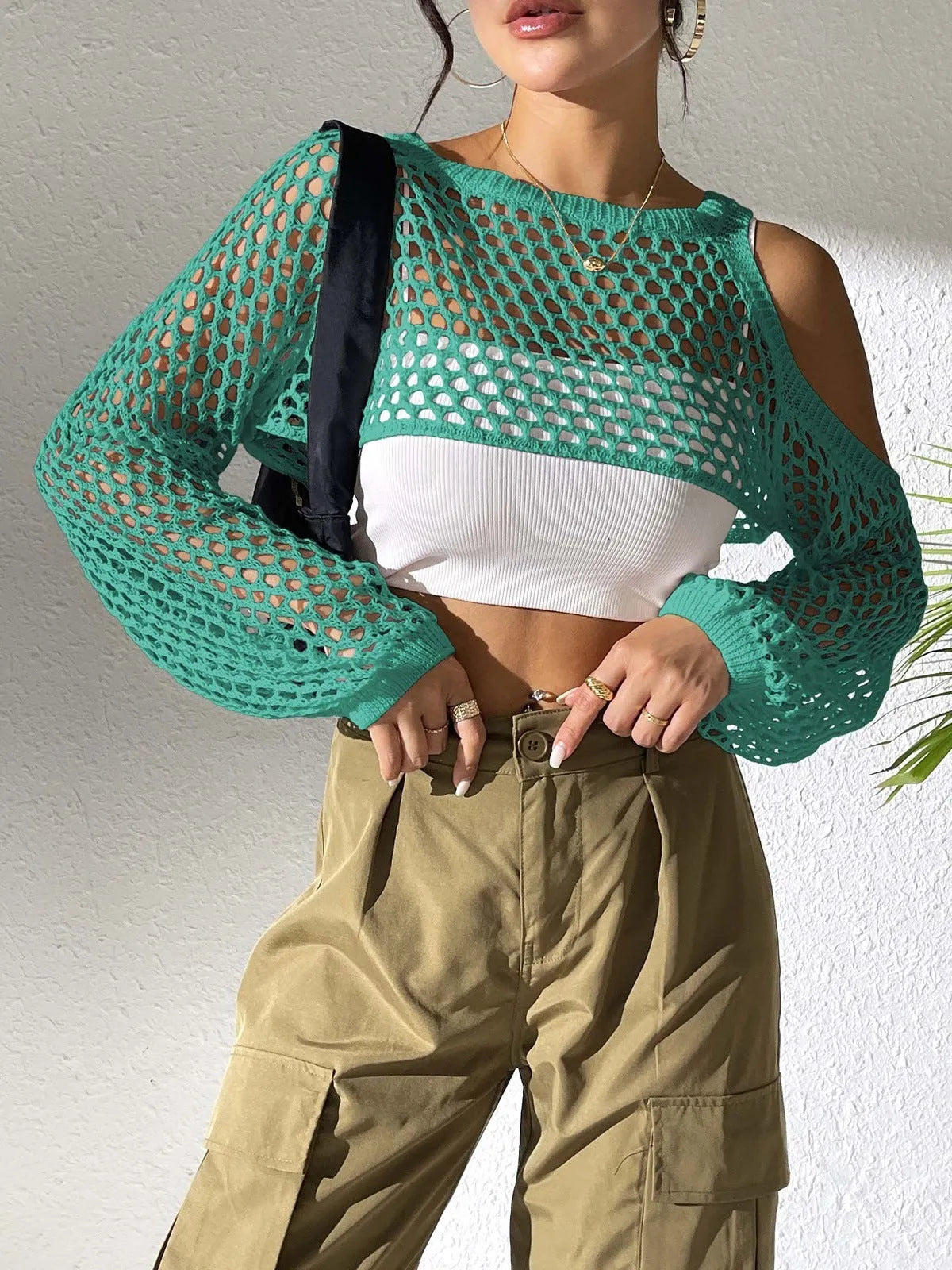 Beach couple mesh shirt with hollowed navel detail in polypropylene fabric, shown in army green colour.