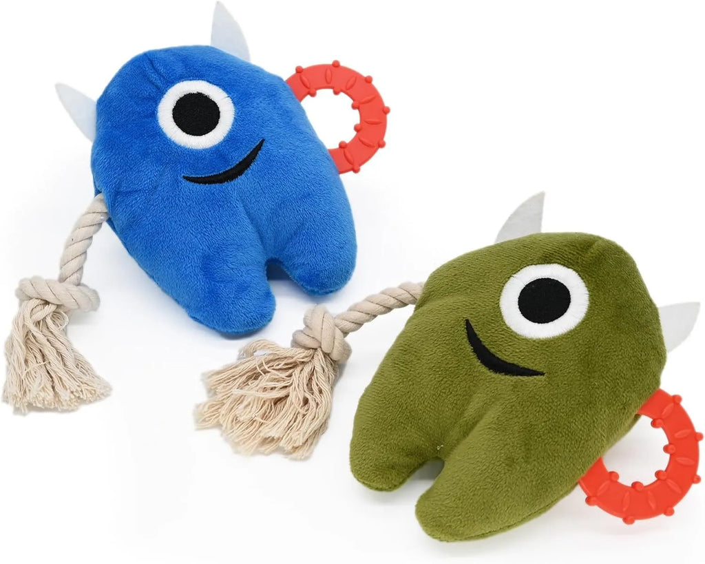 Large blue plush dog toy with cotton rope tug elements and squeaker for aggressive chewers