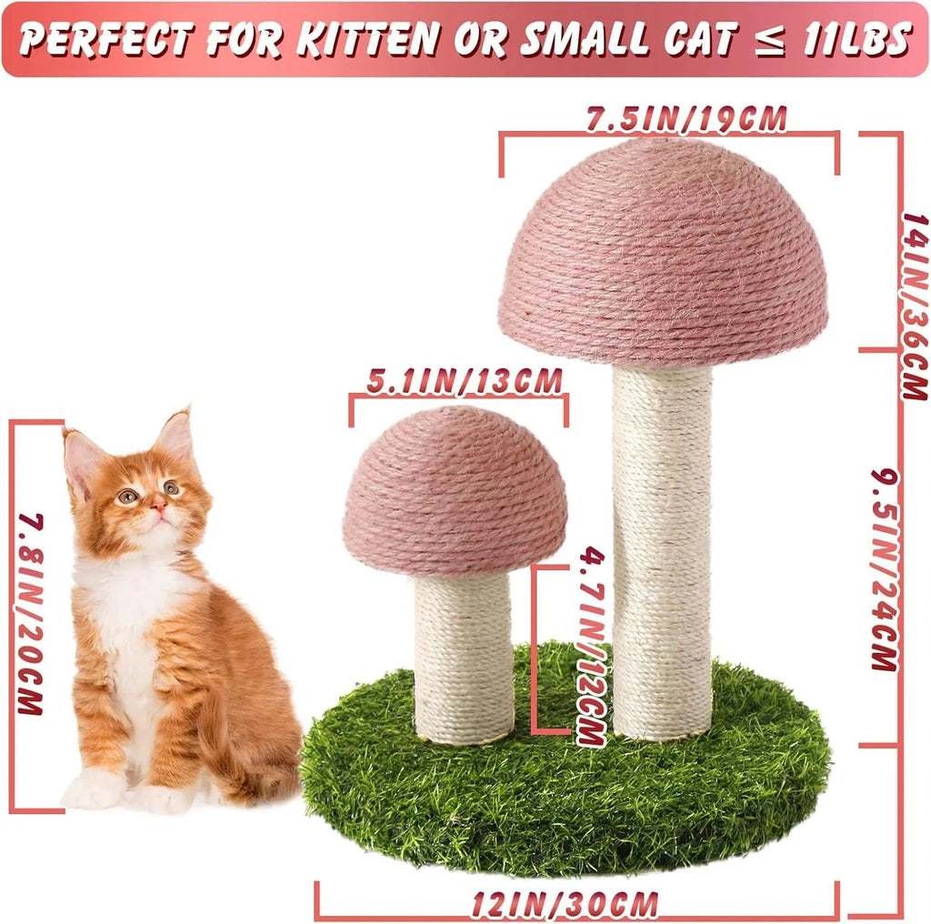 Pink mushroom-shaped cat scratching post with natural sisal scratching surfaces for kittens.
