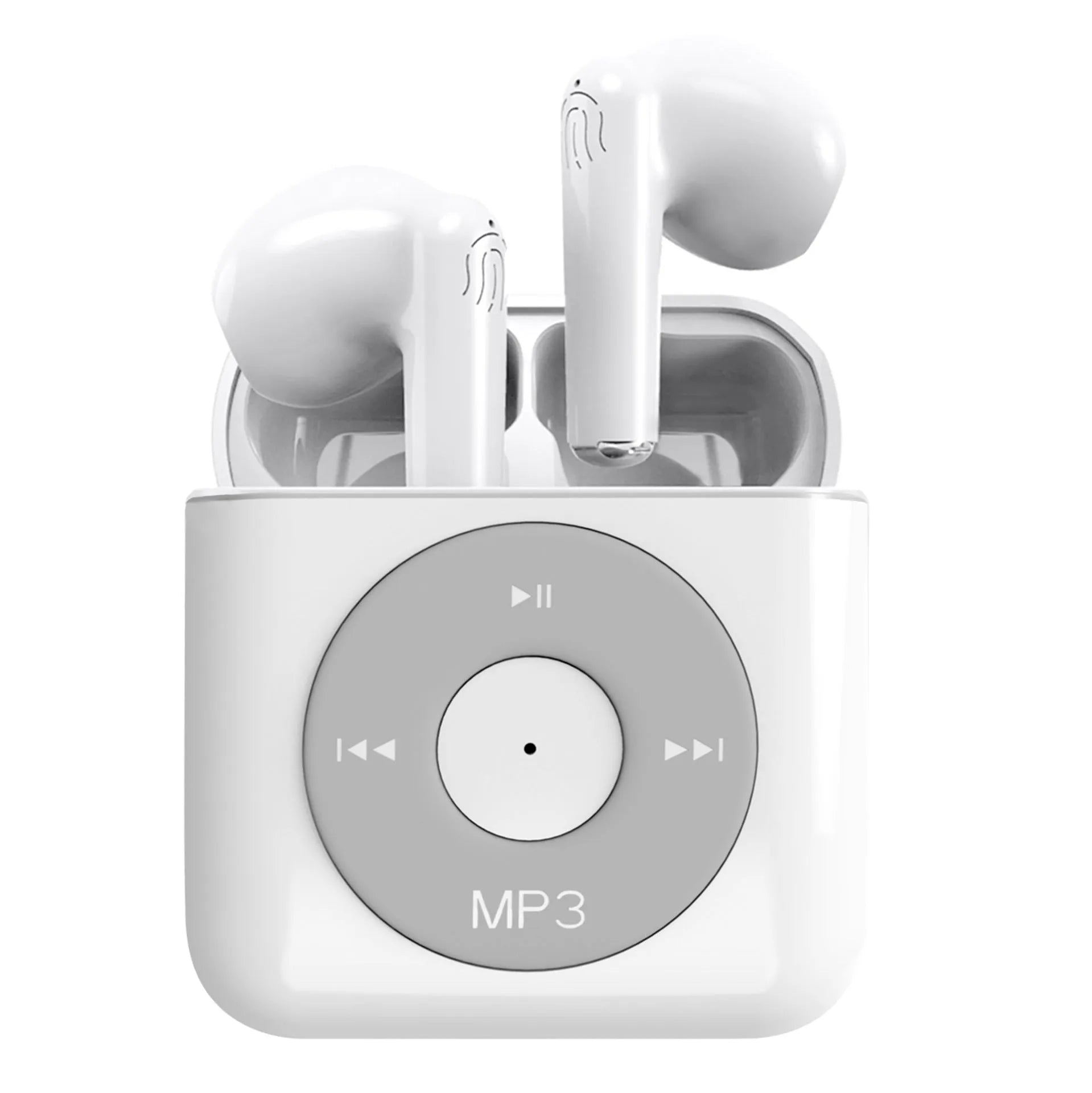 White wireless Bluetooth earphones with semi-in-ear design and a matching charging case on a white background.