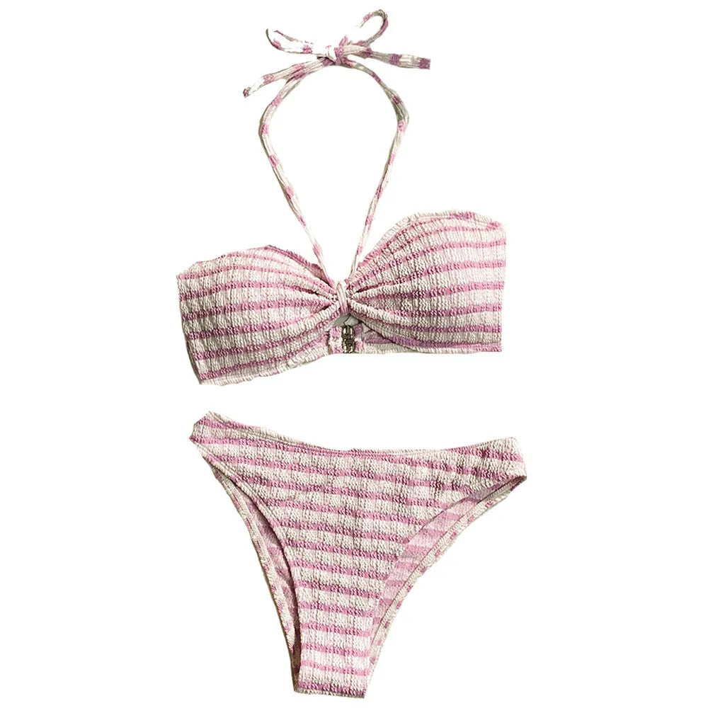 Striped two-piece bikini swimsuit for women in pink or black, briefs style, polyester, sizes S M L