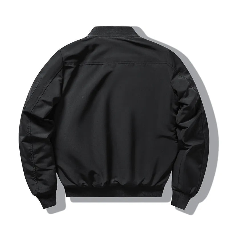 Men's slim-fit black retro embroidery motorcycle coat with a stand collar and patch pockets.