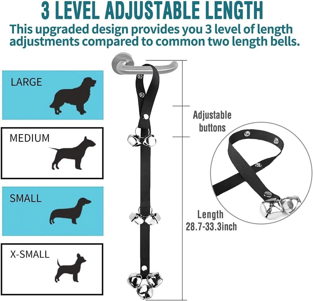 Seven silver metal dog training bells on an adjustable black nylon leash