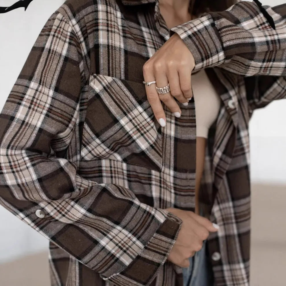 Women's dark brown retro striped long sleeve cotton shirt with regular fit and optional pocket detail
