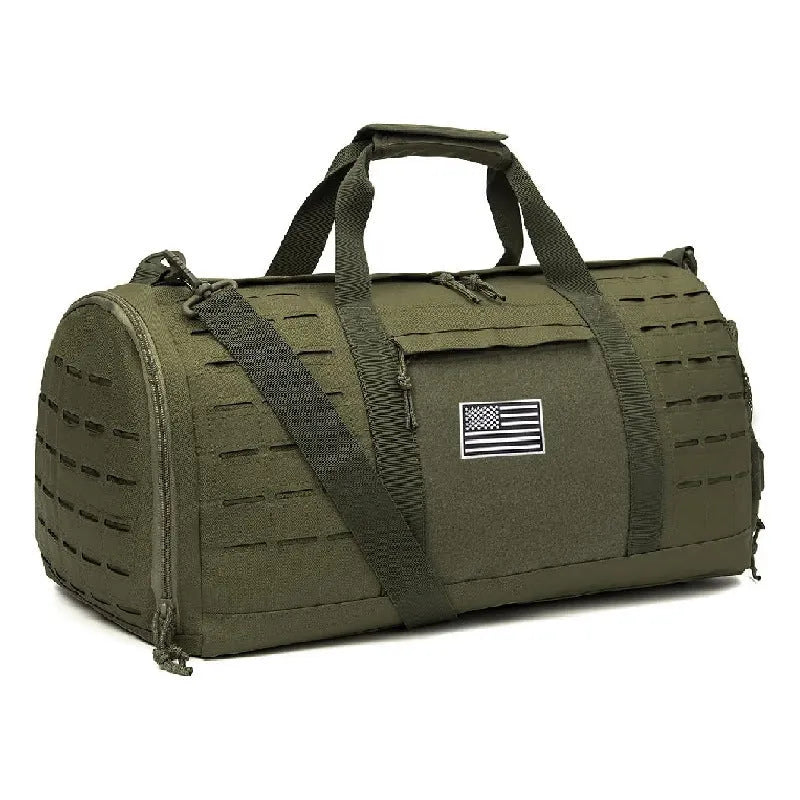 Men's waterproof Oxford cloth sports handbag showing 56x26x25cm dimensions and air pillow belt system
