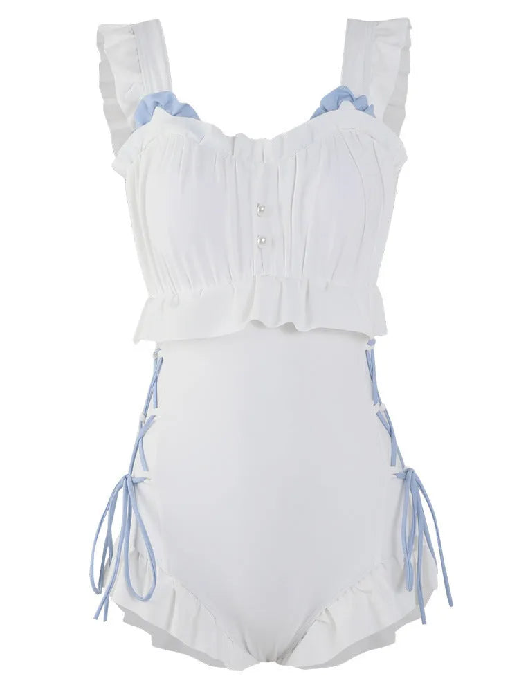 Milky White backless one-piece women's swimsuit made from nylon on a mannequin