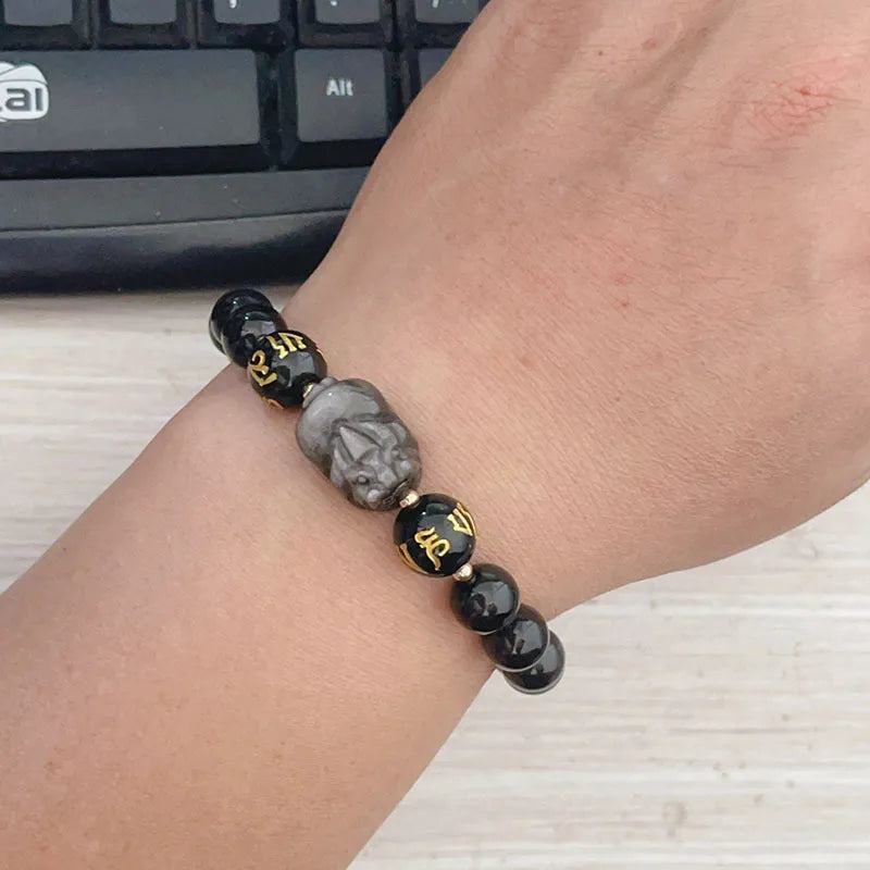Men's natural silver stone bracelet with Chinese zodiac signs and adjustable design