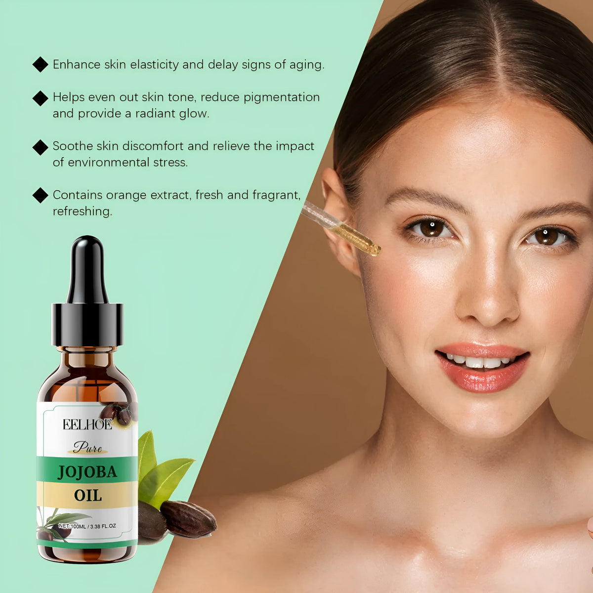100ml organic jojoba oil facial essential oil in 3.9cm square glass bottle with vitamin E