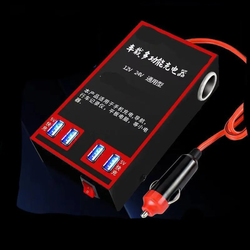 Black automotive power converter transforming vehicle 12V/24V DC to 220V AC with USB charging ports