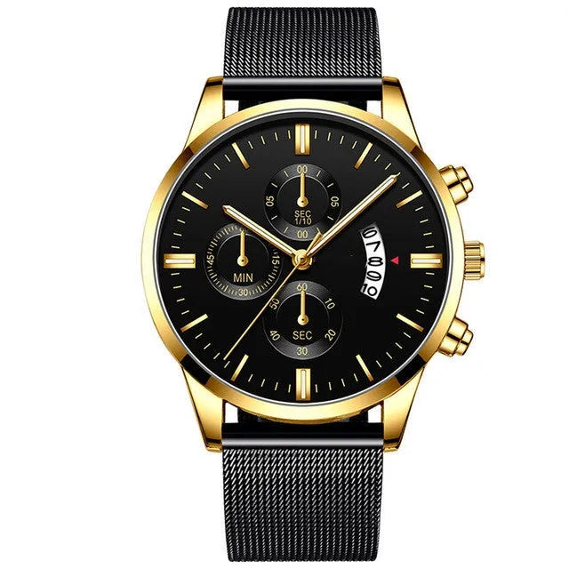 Men's stainless steel mesh band quartz watch with analog display in a selected colour combination.