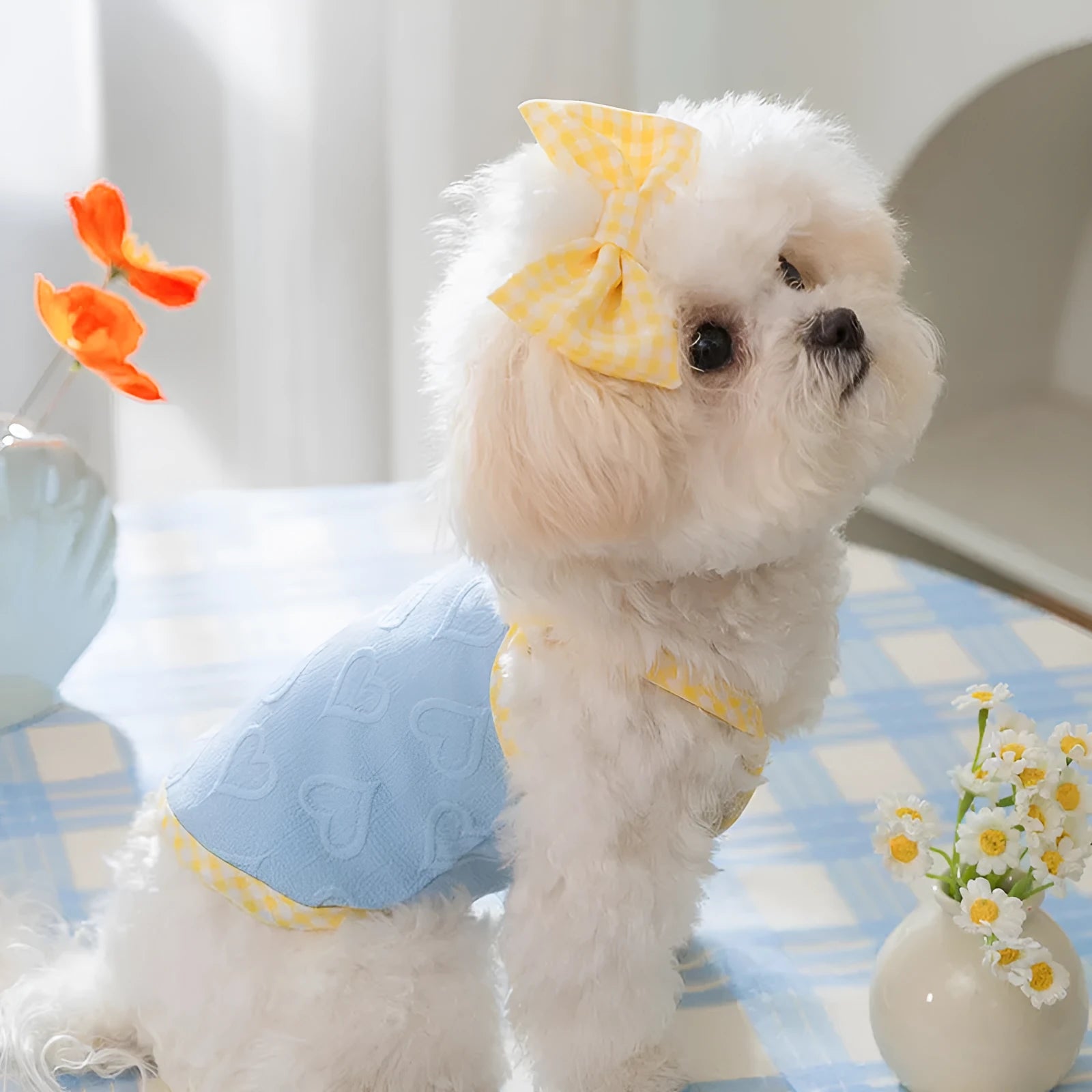Small dog wearing heart bow suspenders vest with elastic sides in Bondi Blue colour with matching hairband