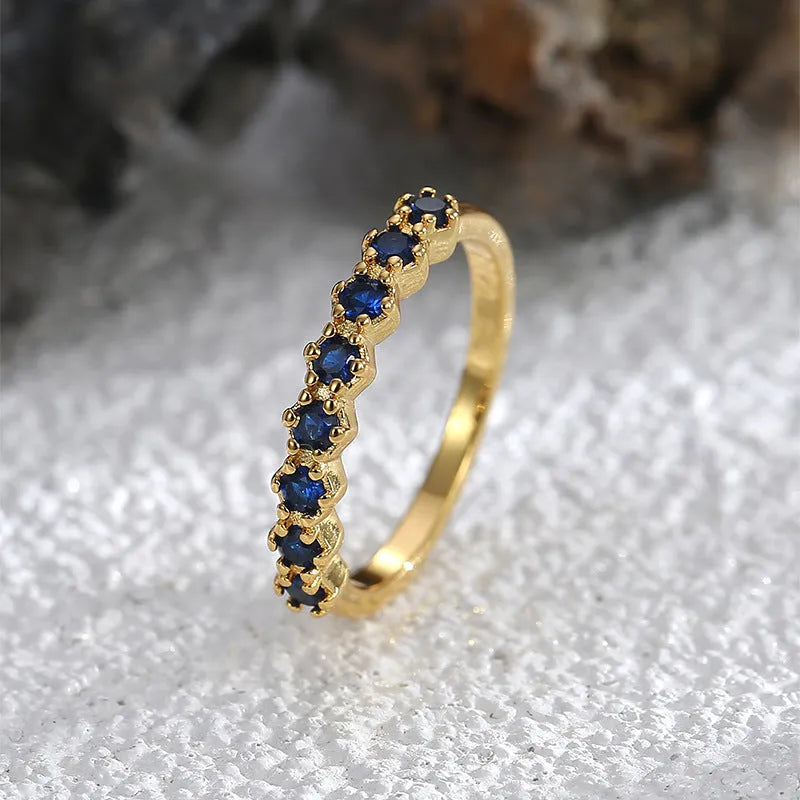 Copper women's ring with gold blue zircon centre geometry shape light luxury style