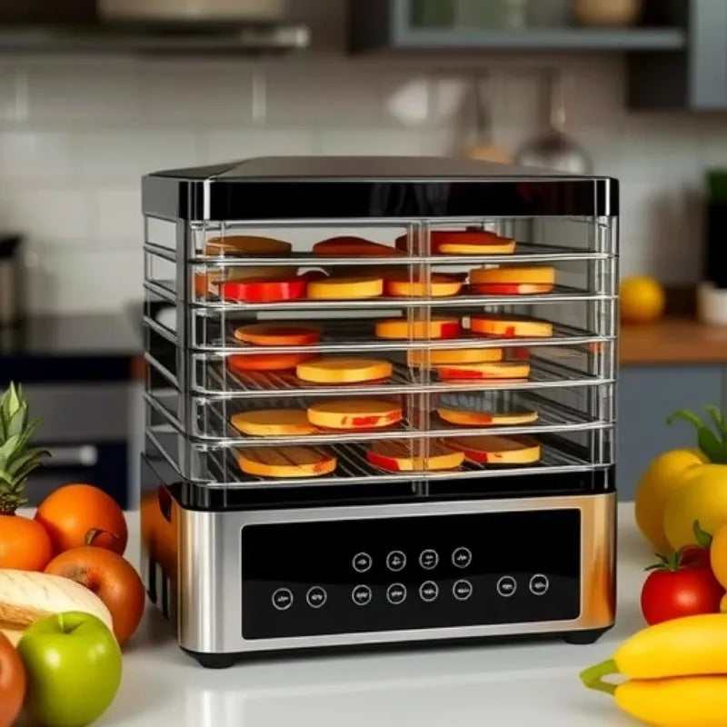 Silver stainless steel household food dehydrator with 14-litre capacity on a kitchen counter.
