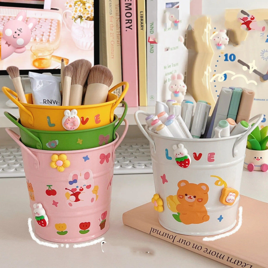 Metal round pen holder desktop storage box in multiple colour options with optional sticker patch decoration