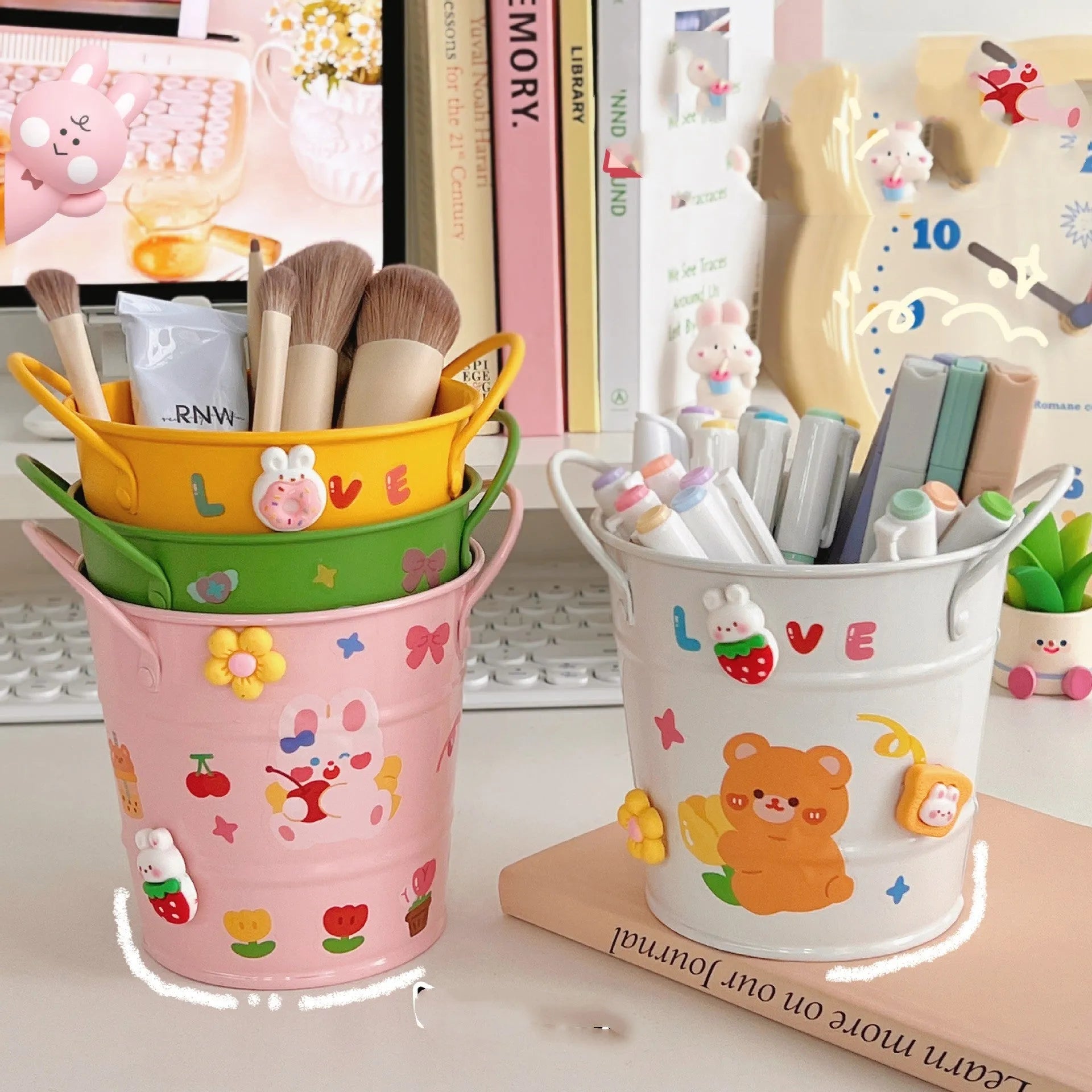 Metal round pen holder desktop storage box in multiple colour options with optional sticker patch decoration