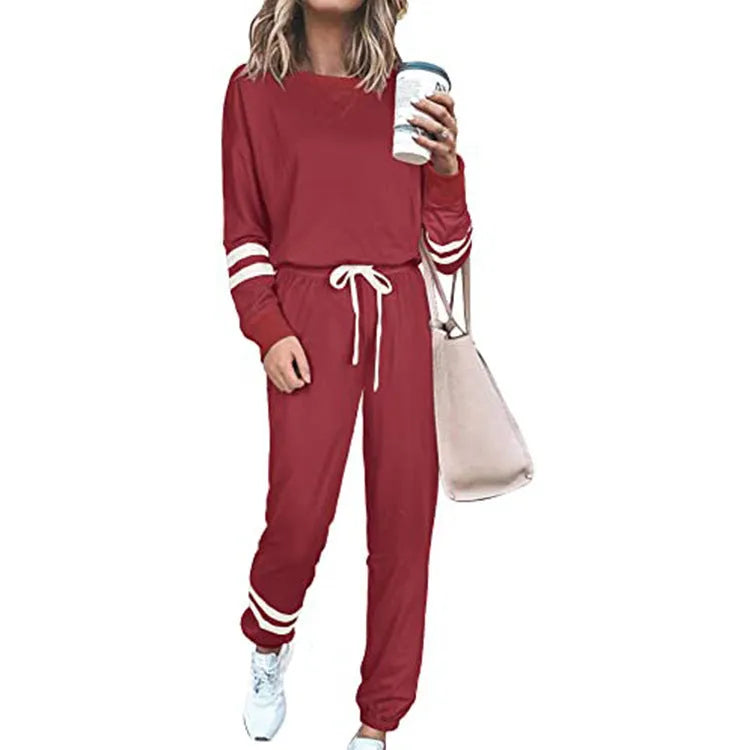 Women's plus size casual suit set with long sleeve top and trousers in cotton blend polyester fabric