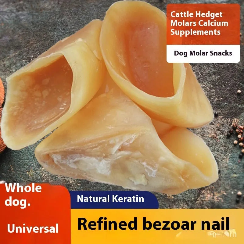 Natural cowhide bovine hoof shell dog chew toy shown in small and large size options.
