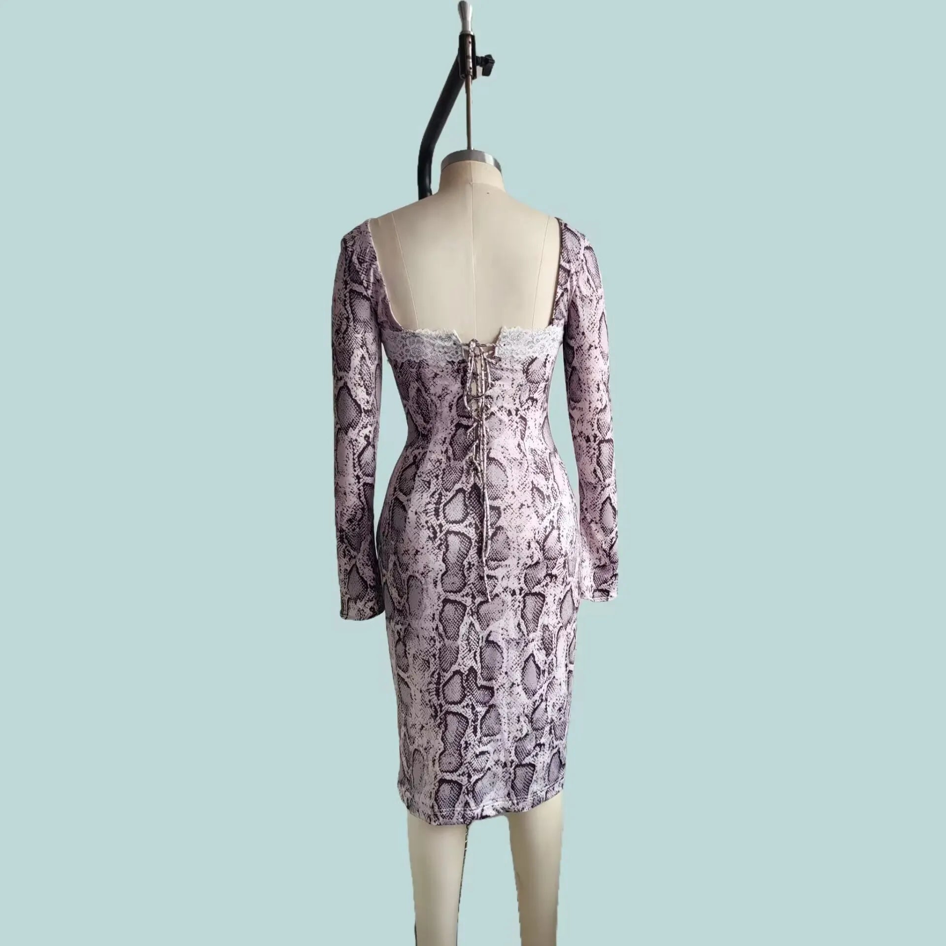 Grey A-line lace dress with long sleeves and a 3D digital print pattern