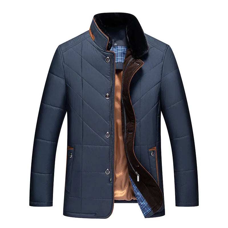 Men's solid colour winter coat with side seam pockets, shown in dark blue, wine red, and dark green.