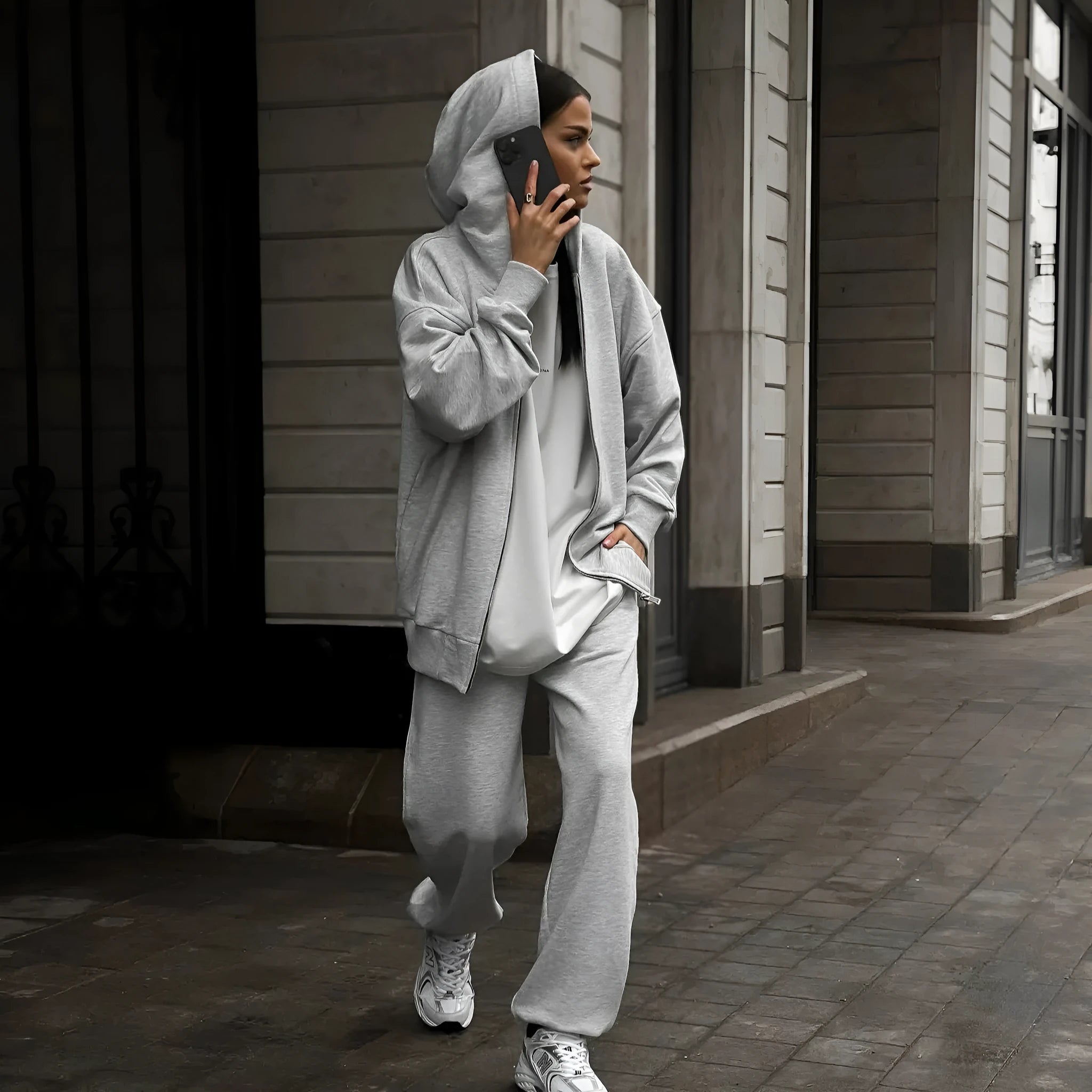 Street style long-sleeved coat and trousers two-piece set in loose fit polyester
