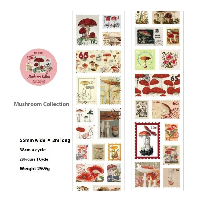 Roll of 55mm wide retro decorative paper stickers with nature themes, showing 2 metre length.