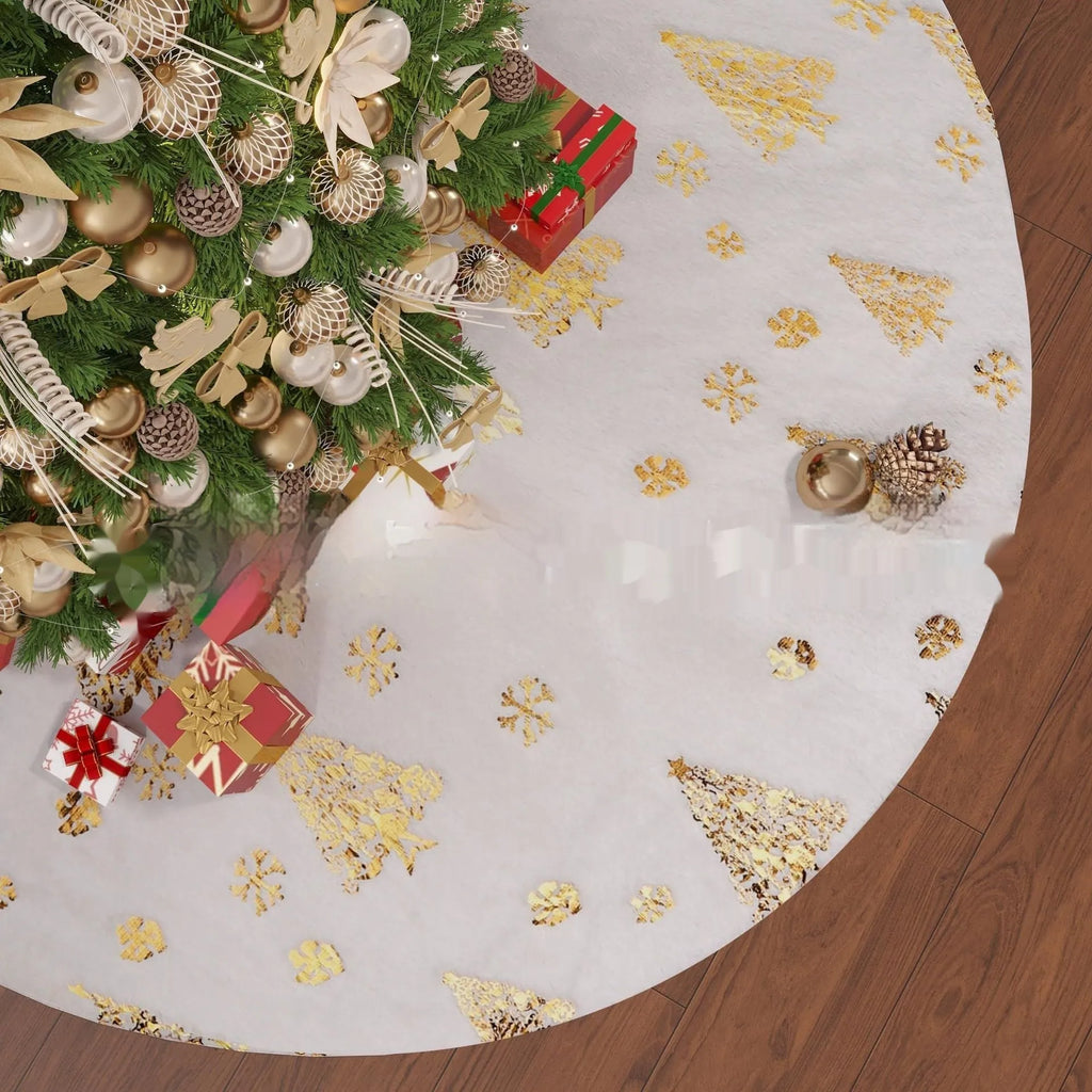 Plush Christmas tree shaped floor mat in red and green, shown in a festive living room setting.